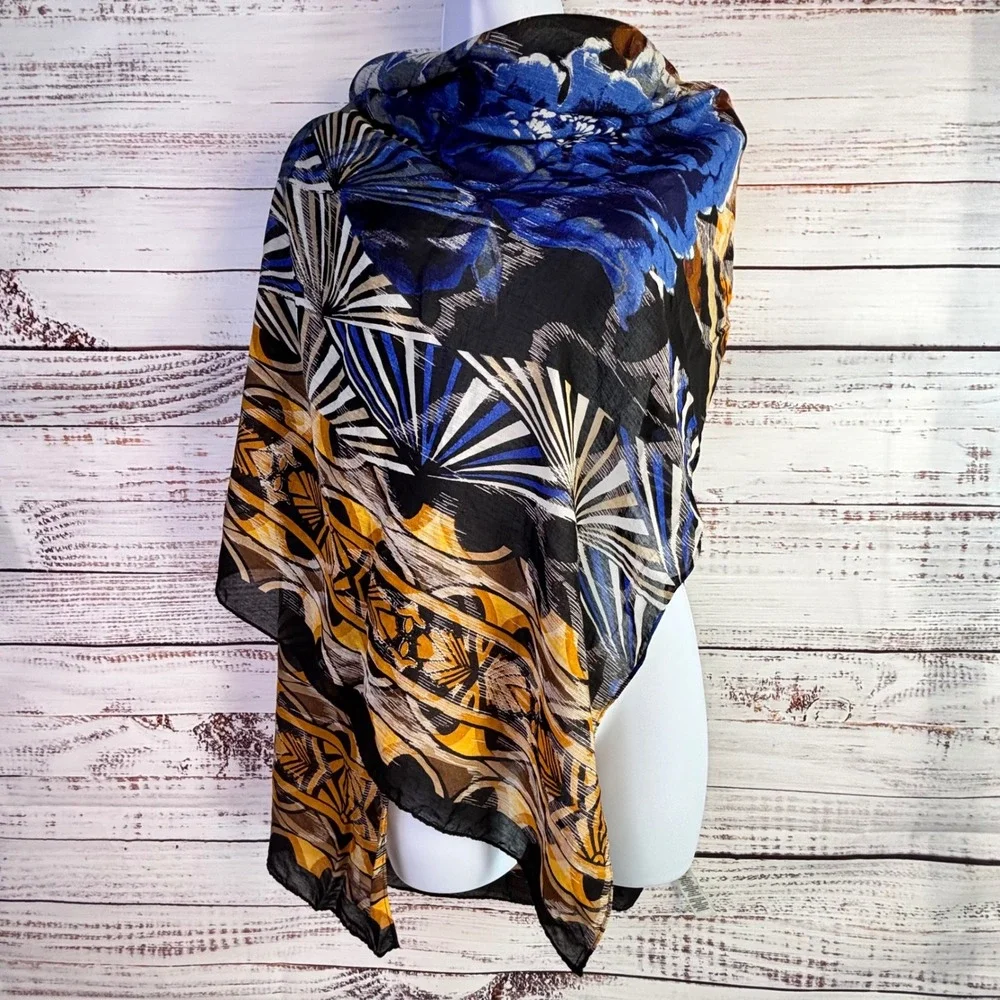 Bohemian Silk/Rayon Eclectic Scarf/Wrap‎ Chico's Floral Cobalt Blue Yellow Gold